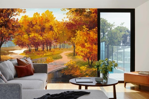 Vlies Fototapete - Gemälde - Herbstwald mit einem Fluss 375 x 250 cm
